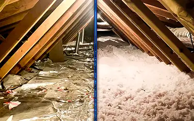 Before and after photo showing our attic insulation service.